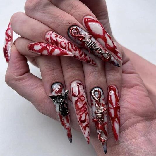 IMRAIN Press on Nails Long Stiletto Fake Nails 3D Red Ombre & Metal Angel Charms Designs Full Cover Glossy Nude Glue on Nails Halloween Artificial Reusable False Nails for Women 24Pcs