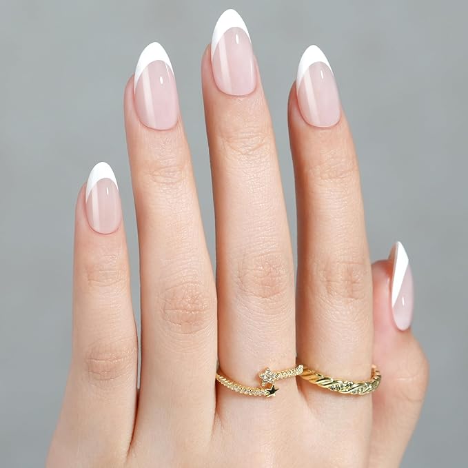 French Tip Press on Nails Almond, Jofay Fashion Soft Gel Fake Nails, Classic French Manicure Nails, Reusable & Natural Acrylic False Nails, Stick on Nails for Women Girls Gift, Glue on Nails Kit 32Pcs