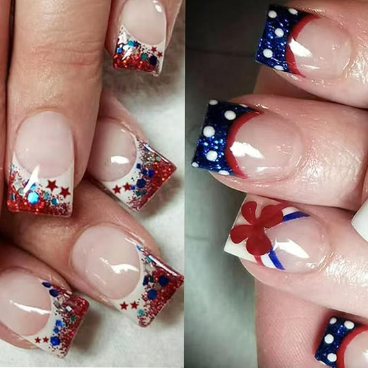 Independence Day Fake Nails French Tip Press on Nails Short Square False Nails Blue Glitter Star Acrylic Nails Patriotic Flag Patter Glue on Nails for Women 4th of July Manicure 2Packs 48Pcs