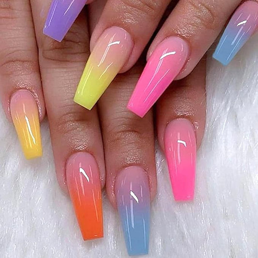 Coffin Press on Nails Long Colorful Fake Nails French Tip Nails Press ons with Color Gradient Design Extra Long Glue on Nails Glossy Acrylic Artificial False Nails for Girls 24Pcs