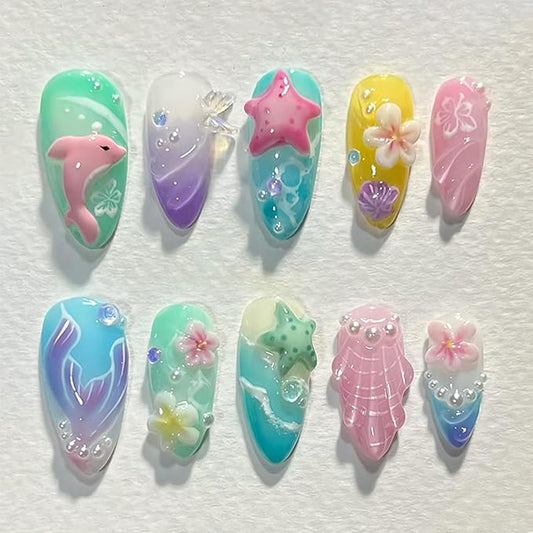 30Pcs Blue Press on Nails Medium Almond Handmade Fake Nails Summer Ocean Series Mermaid False Nails 3D Pearl Starfish French Tips Press On Flower Full Cover Stick on Nails for Women