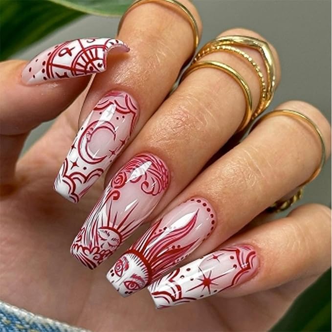 Long Press on Nails Coffin Fake Nails French Tip False Nails Red Artificial Nails with Designs Stick on Nails for Women 24pcs