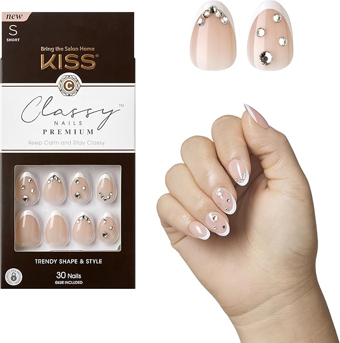 KISS Classy Nails Premium, Press-On Nails, Nail glue included, 'Prevailing', Light White, Short Size, Almond Shape, Includes 30 Nails, 2G Glue, 1 Manicure Stick, 1 Mini File