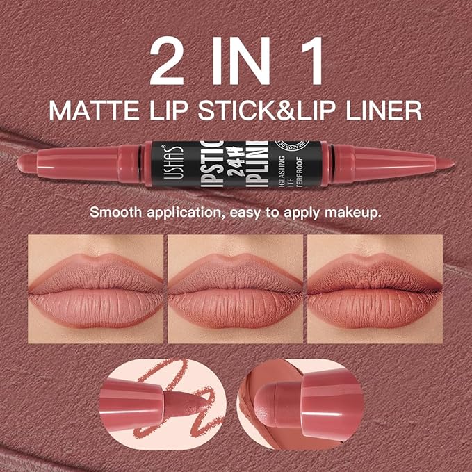 USHAS 3Pcs Lipstick and Lip Liner Combo Set 2 in 1 Makeup Kits Long Lasting and Waterproof Nude Matte Lipstick For Women (Set 2 (04+05+06), 3Pcs)