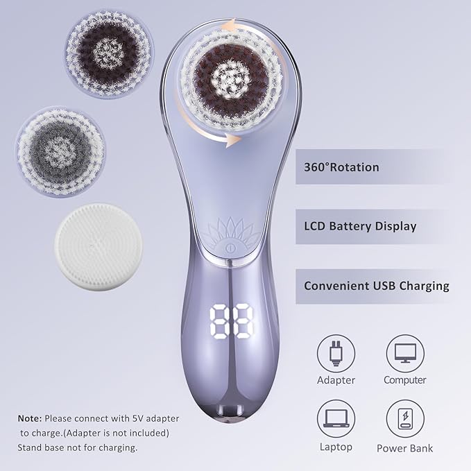 Facial Cleansing Brush Face Scrubber Exfoliator Rechargeable IPX7 Waterproof Electric Spin Cleanser Device for Exfoliating, Massaging and Deep Cleansing Removing Blackhead, Face Massaging