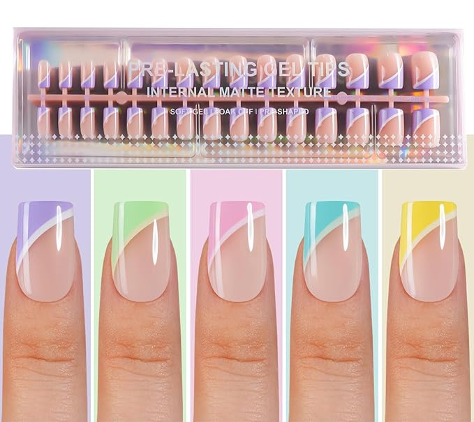 150Pcs Short Press On Nails, French Tip Press On Nails, Soft Gel Stick On Nails Reusable Square Fake Nails for Women 15 Sizes, Pastel Curves