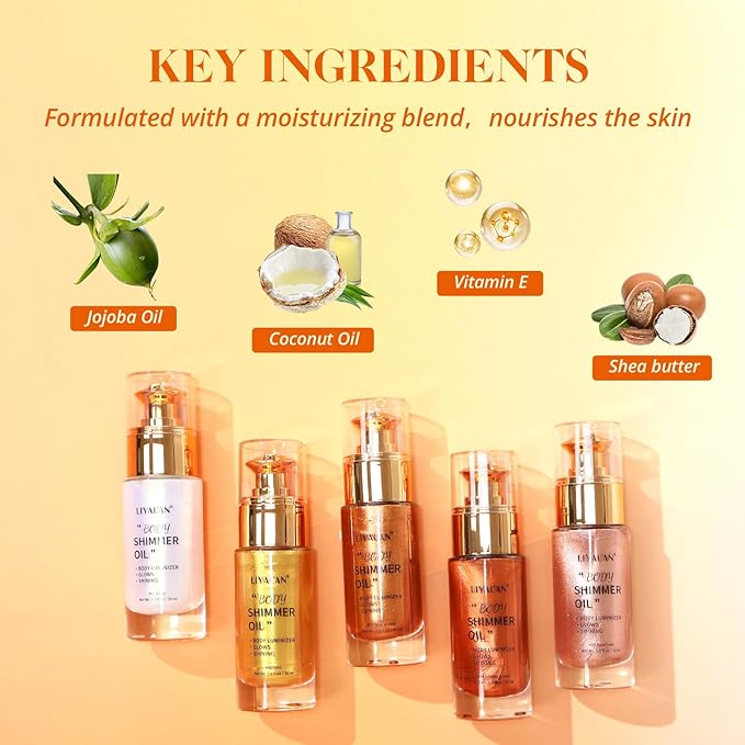 Liyalan Shimmer Body Oil 5 Color Options 1.0 fl.oz Face Glow Pearl Highlighter Illuminator Long-Lasting Shine Glitter Liquid Tanning with Makeup Brush Included (#01 Silver)
