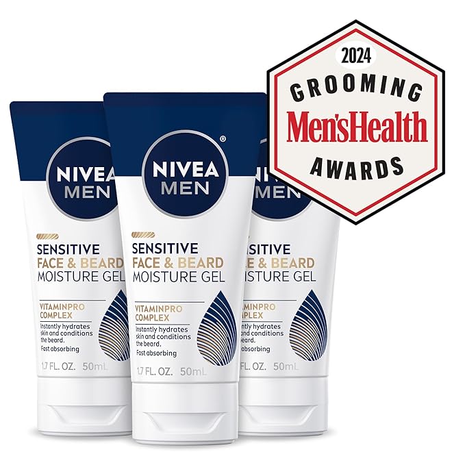 NIVEA Men Sensitive Face and Beard Moisture Gel, Gentle Face and Beard Moisturizer for Men Instantly Hydrates Skin and Conditions Facial Hair, 1.7 Fl Oz Tube, Pack of 3