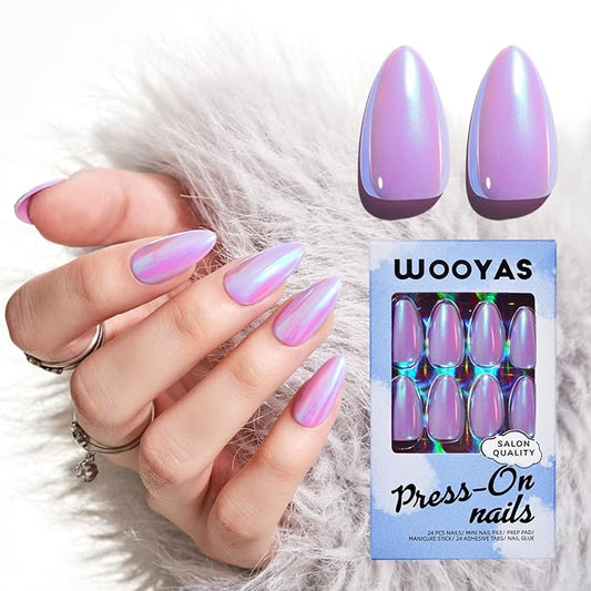 Wooyas Press on Nails Almond, Purple Metallic Mirror Finish Handmade Nails Reflective Mirror, Medium Aurora Nails Full Cover by Professional Manicurist, 24 Pcs Soft Gel Glue On Nails Kit