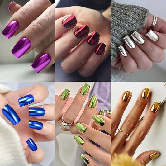 6 Packs (144 Pcs) Chrome Press on Nails Medium Square Fake Nails Metallic False Nails with Designs Glossy Glue on Nails Full Cover Acrylic Stick on Nail Reusable Artificial Nail for Women Manicure