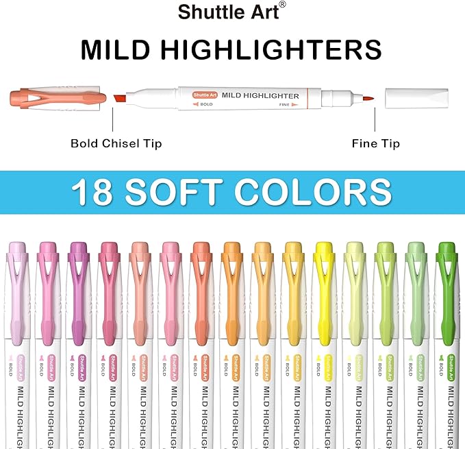 Shuttle Art Pastel Highlighters, 18 Colours Dual Tip Highlighters, Highlighter Markers Assorted Colours, Perfect for Colouring, Underlining, Highlighting, Journaling in School Office Home
