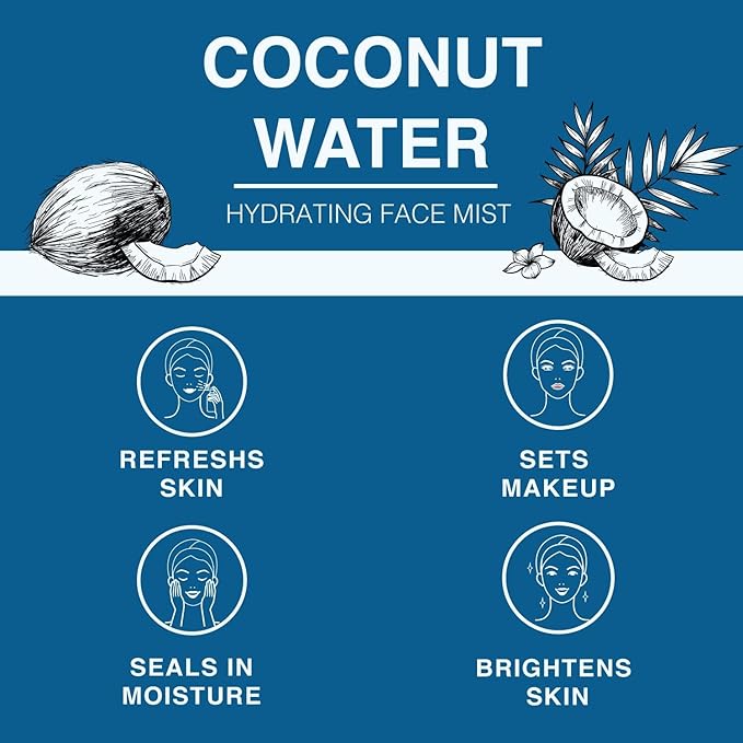 | Face & Body Mist Spray - Hydrating Coconut Water With Moisturizing Hyaluronic Acid | Instant Cooling, Conditoning, Hydrating | 8 FL OZ