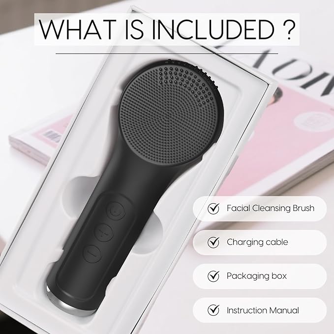 Silicone Facial Cleansing Brush, Portable Electric Face Scrubber with Heat and Vibration, 3 Modes Adjustable, Waterproof IPX6, USB-C Rechargeable, Deep Cleansing, Exfoliating and Massage（Black）