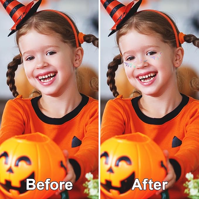 8PCS Halloween Glitter Freckles Face Tattoo, Sparkle Freckles for Women and Kids, Cute Star Waterproof Gold Temporary Face Tattoos Glitter Glow Up Patches (8PCSC Holographic Multicolor)