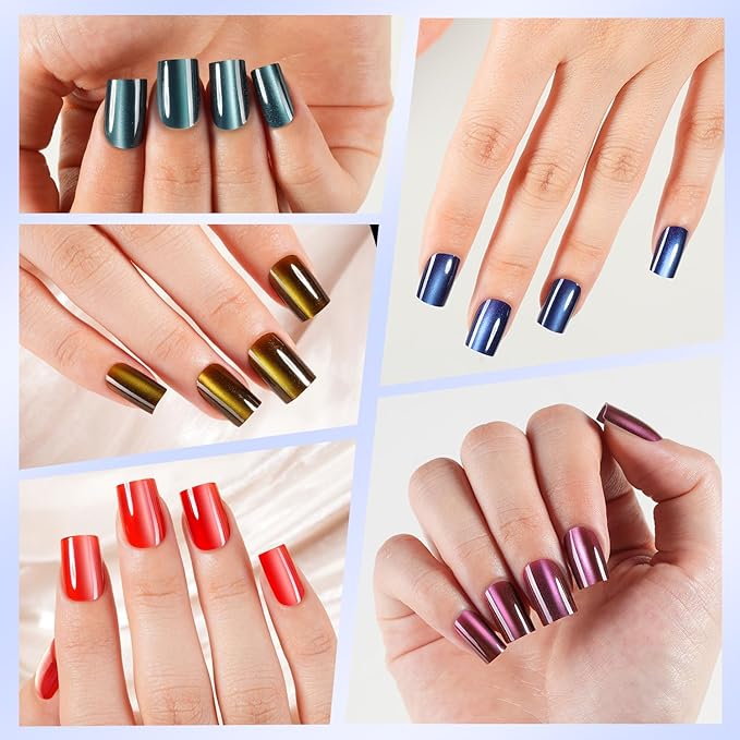 Misssix Cat Eye Press On Nails, 150Pcs XS Short Square Cat Eye Nail Tips, Glossy Glitter Soft Gel Stick On Nails, Reusable Fake Nails for Nail Art DIY 15 Sizes