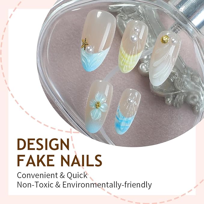 Summer Flower Press on Nails Medium Fake Nails with 3D Flower Ocean Starfish Shell Pearl Almond False Nail Blue French Glossy Acrylic Nails Cute Artificial Nail for Women Manicure 30Pcs