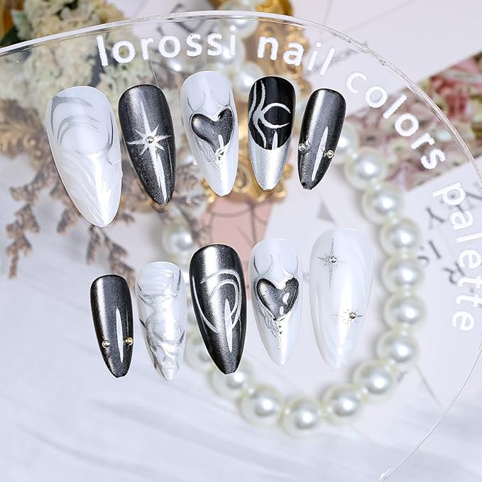 24Pcs Black Press on Nails Almond Medium Fake Nails Silver Chrome Artificial Acrylic Nails Y2K Star Full Cover Stick on Nails 3D Alloy Gothic False Nails Black Heart Glue on Nails for Women Manicure