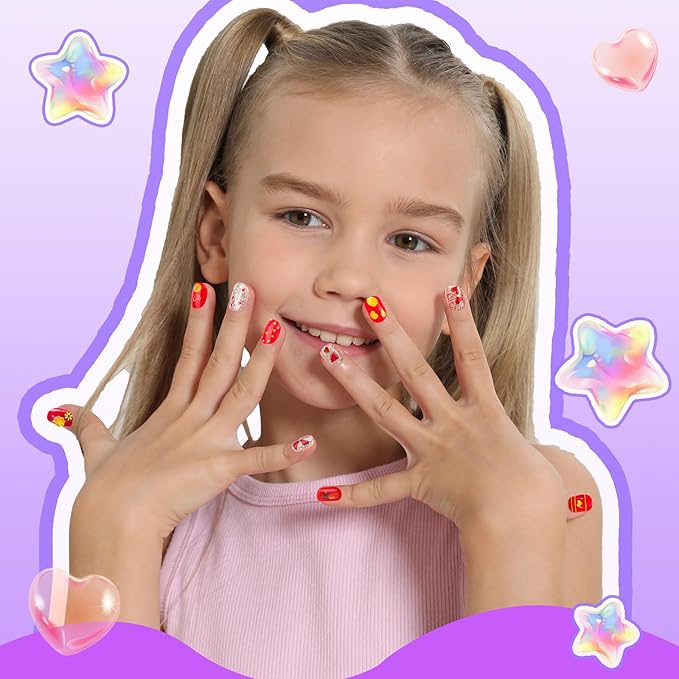 FANDAMEI Press On Nails for Girls, 12 Style Press On Nails for Kids, 6 Sheet Heart Fruit Flower Nail Stickers for Kids, 3D Rhinestone Stickers Face Gems Mermaid Colorful, Nail Art Kit for Girls