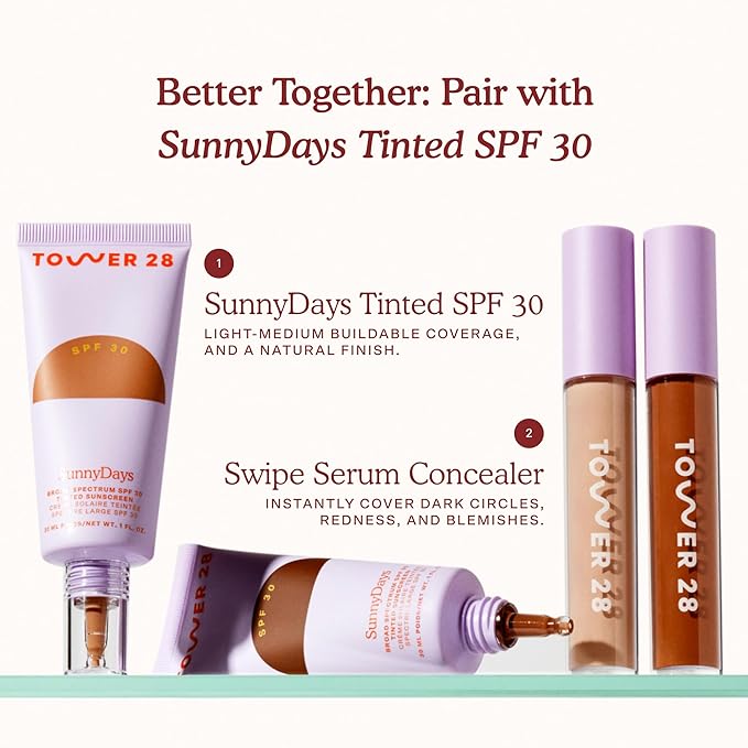 Tower 28 Beauty Swipe Serum Concealer - Hydrating Buildable Medium-Coverage Concealer with Skincare Benefits for Sensitive Skin - Shade 17 SD, Deep with Warm Undertones, 0.22 Fl Oz
