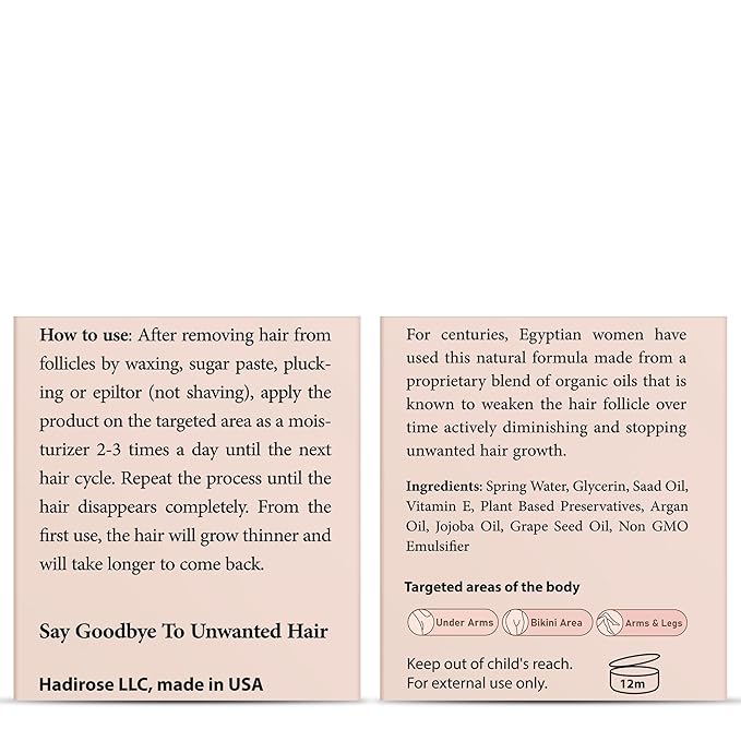 Silky Cream by Hadirose | Pure Red Saad Oil (Egyptian Cyperus Rotundus) | Organic Hair Removal Maintenance Cream | Prevent Ingrown Hair | Scented (Rose, Jasmine & Lavender) | Made in the USA.