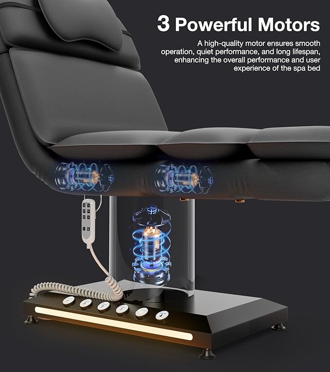 VARONXE Fully Electric Massage Table w/3 Motors, Professional Angle and Height Adjustable Spa Bed Facial Chair, Motorized Esthetician Bed Treatment Table for Beauty Salon, Black