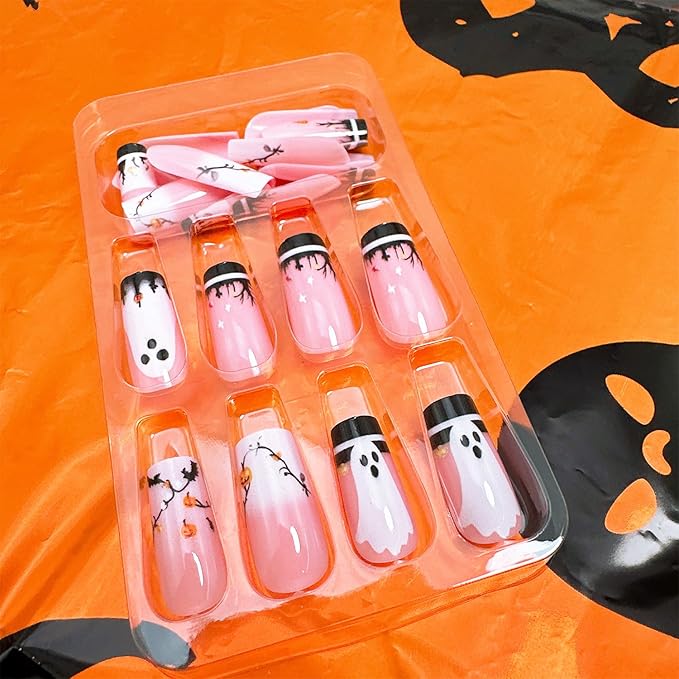 24pcs Halloween Press on Nails Medium Coffin French Tip Fake Nails with Designs Horror Ghost False Nails Pumpkin Glue on Nails French Full Cover Stick on Nails for Women Holiday Nail Decoration