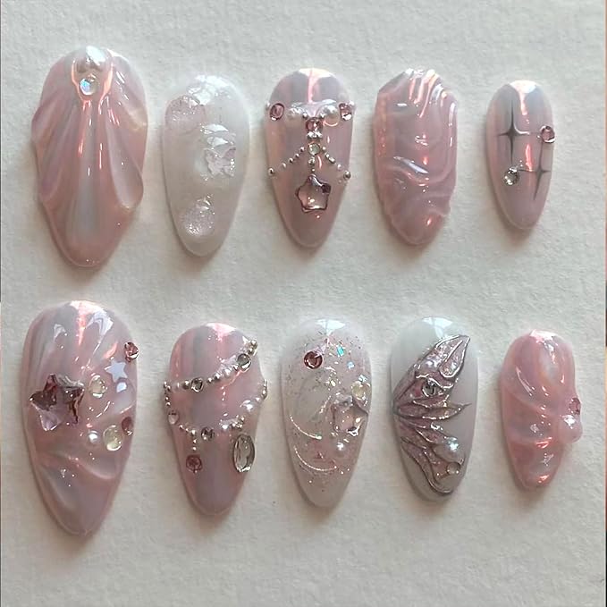 24Pcs Pink Press on Nails Medium Almond Fake Nails Silver Butterfly with Star Rhinestones Design Glitter Full Cover Artificial Glue on Nails Spring Summer False Nails Cute Stick on Nails for Women DIY
