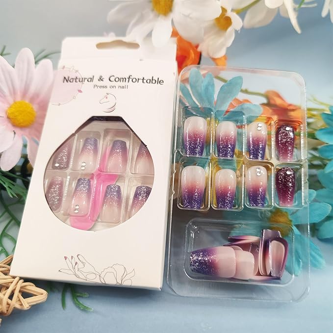 24Pcs Purple Gradient Press on Nails Glossy Silver Glitter Medium Coffin False Nail Ombre Acrylic Full Cover Fake Nails Rhinestones Gel Glue on Fingernail French Stick on Nail for Holiday Manicure Art