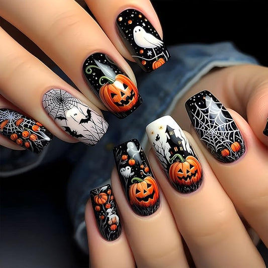 24Pcs Halloween Press on Nails Medium Square Pumpkin Fake Nails Spider Web Bat Castle with Cute Ghost Design Horror Stick on Nail Gothic False Nails Acrylic Glue on Nail for Women Manicure DIY