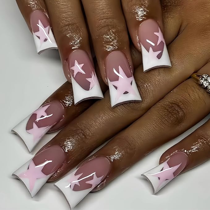 BABALAL Duck Nails Press on Fake Nails Star Glue on Nails Y2k Acrylic Nails White French Tip Gyaru False Nails 24Pcs Glossy Manicure Duck Bill Stick on Nails for Women Girls