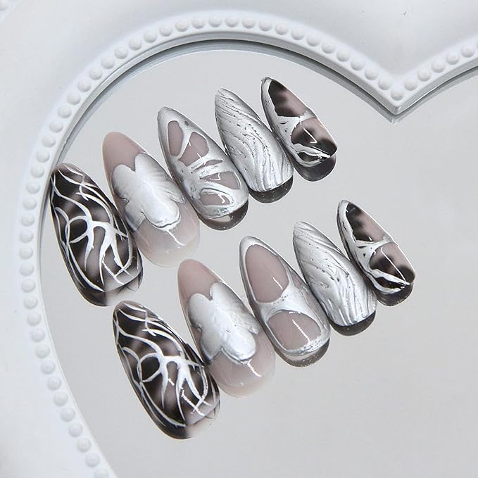 24Pcs Dark Press on Nails Medium Almond Fake Nails with 3D Y2k Irregular Silver Designs Glossy French Nails Reusable Fake Nails Full Cover Artificial Glue on Nails Gothic Stick on Nails for Women