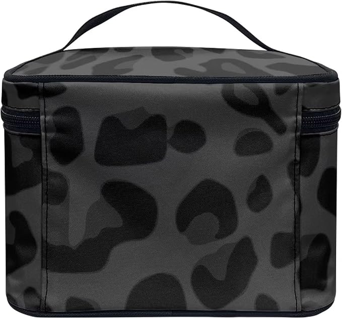Black Grey Animal Cheetah Leopard Pattern Makeup Bags for Women Large Capacity Travel Organizer Storage Toiletry Pouch with Zipper and Carry Handle Portable Cosmetic Bag