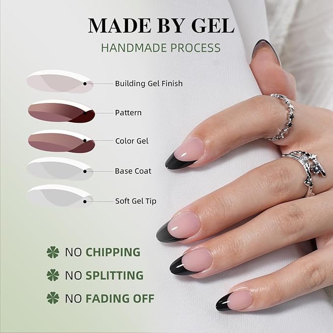 Black French Tip Press On Nails - Black Short Almond Fake Nails, French Tip Press On Nails Reusable Stick On Nails in 16 Sizes, 32pcs False Nail Kit for Women & Girls