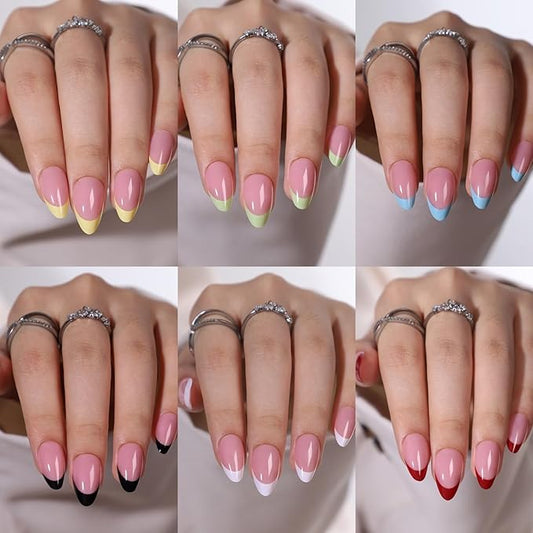 6 Packs (144 Pcs) Press on Nails - Almond, French Tip, Medium, Glue on, Gel False Nails for Women - 12 Sizes, 6 Styles