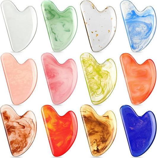 Sherr 12 Pcs Gua Sha Facial Tools Resin Heart Shaped Massage Guasha Tool for Face Guasha Board for Spa Women Body Skin Care Reduce Muscle Tensions, 12 Colors(Fresh Color)