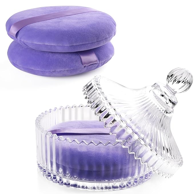 2Pcs Extra Large Body Powder Puff & Luxury 6" Glass Jar Dusting Powder Container with Puff for Women Bath Powder Puffs Perfect for Talcum or Loose Powder (Light Purple)