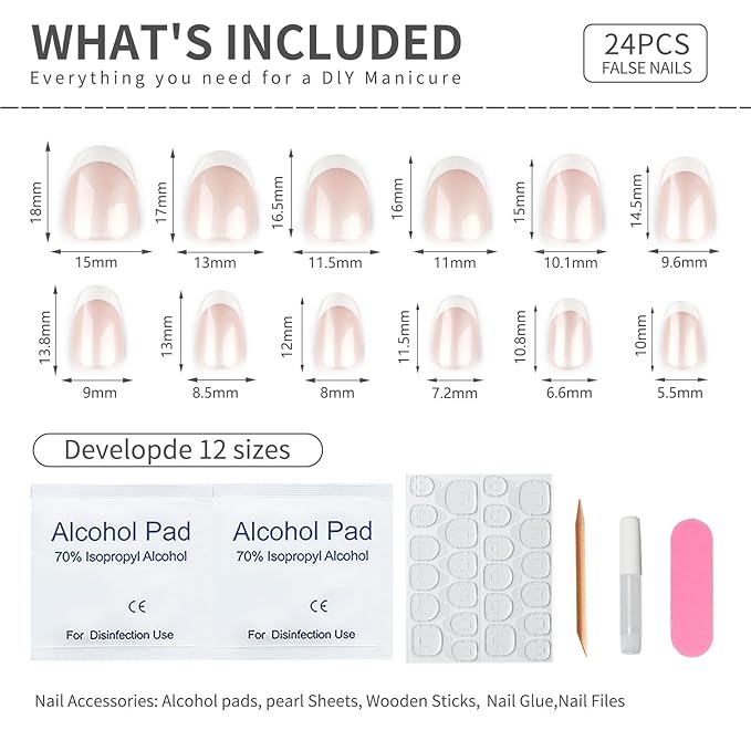 Oval French Press On Nails Short, White Tip Fake Nails with Sheer Pearl Base, Glossy Reusable Glue On Nails, Elegant French Manicure Stick On Nails for Women, 24 Pcs
