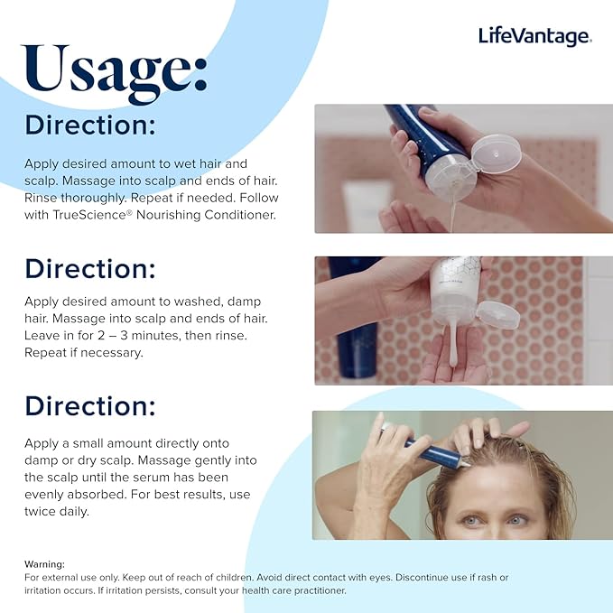 LifeVantage TrueScience Hair Care System Includes TrueScience Nourishing Hair Shampoo 250ml, Conditioner 250ml and Scalp Serum 50ml.