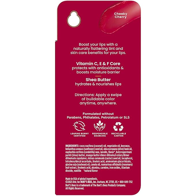 Burt’s Bees Stocking Stuffers, Tinted Boosted Balm, Cheeky Cherry, Hydrating Tinted Lip Balm, 24 Hour Lip Moisturizer with Responsibly Sourced Beeswax, 100% Natural Origin, 1 Count, 0.16oz