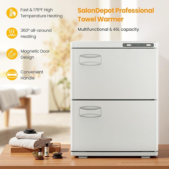 Hot Towel Warmer SalonDepot 46L Large Capacity Spa Towel Warmer with Double Cabinets for Salon, Barber Shop, Massage & Facial (White)