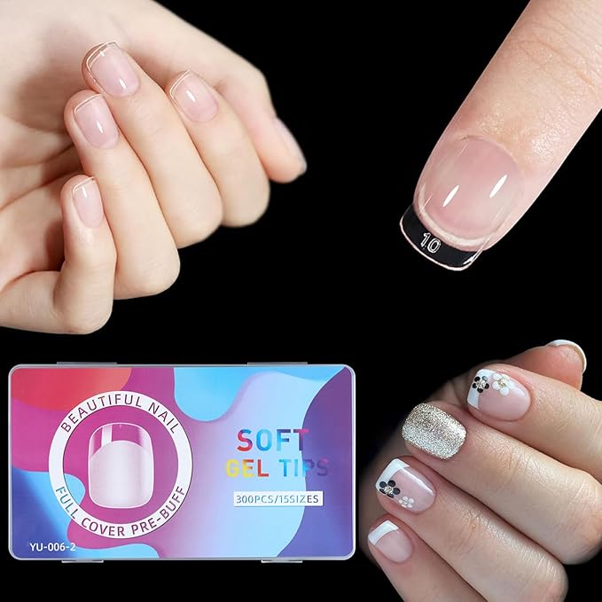 300Pcs Short Tapered Round Square Gel Nail Tips Pre-etching XS Squoval Press On Nails for Extension DIY Manicure Salon Home, Full Cover Acrylic False Nail for Beginners and Professional, BlueZOO