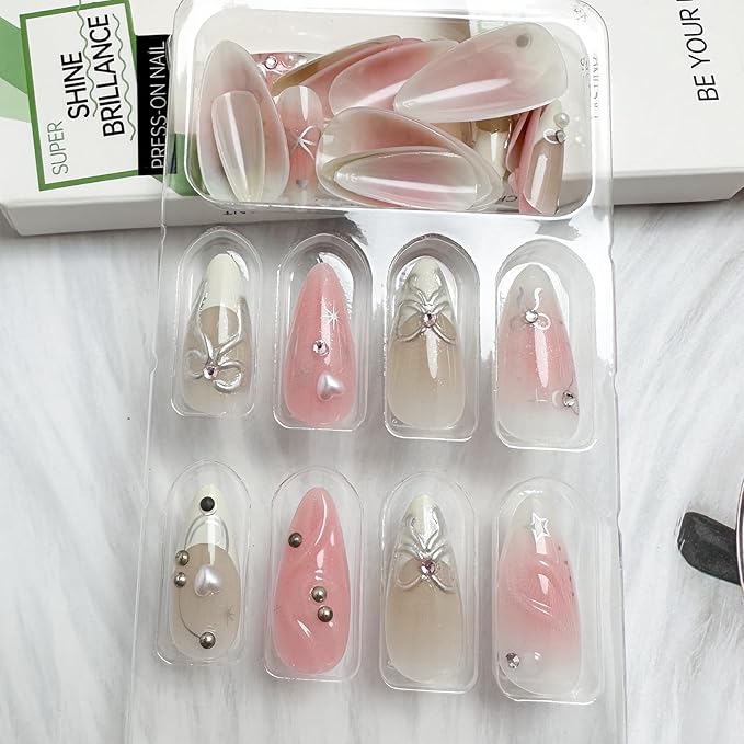 Pink Press on Nails Medium Almond Fake Nails with 3D Silver Bow Bead Pearl Designs White Gradient French Tips Acrylic Nails False Nails Heart Full Cover Glossy Stick on Nails for Women 24Pcs