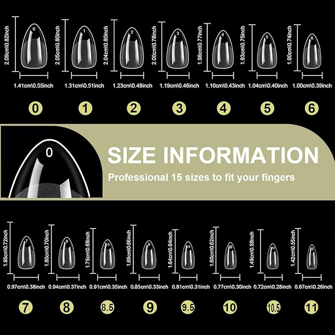 600Pcs Short Almond &Tapered Round Square Soft Gel Nail Tips Set 2 Shape XS Clear Acrylic False Nails for Manicure Extension Art Home DIY Salon, Professional 15 Sizes,Full Cover Fake Nail Tips BlueZOO