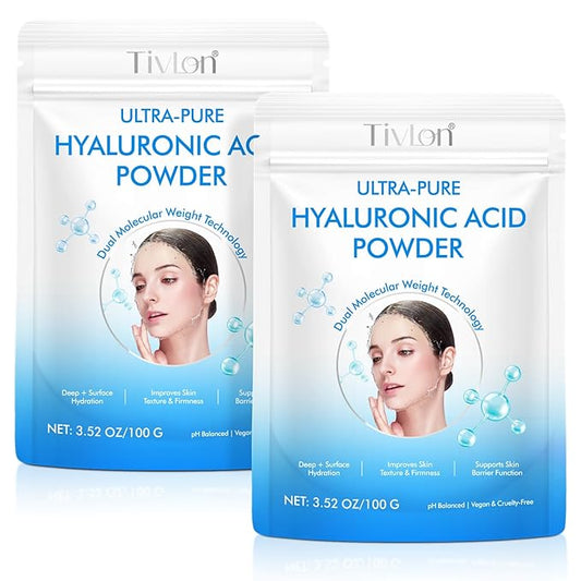 2PCS Hyaluronic Acid Powder, Hyaluronic Acid Supplements for Skin Care, Cosmetic Grade, Low Molecular Weight, Water-Soluble DIY Facial Serum for Face Hydration & Moisture
