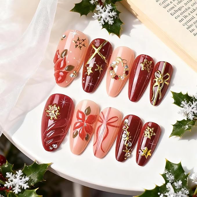 30Pcs Red Christmas Press on Nails Medium Almond Christmas Fake Nails 3D Gold Rhinestones Snowflake Designs Bow Flower Xmas Acrylic Stick on Nails Winter Full Cover Artificial Glue on Nail for Women