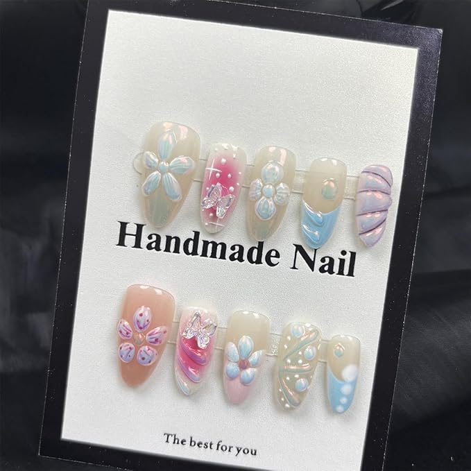 30Pcs 3D Handmade Press on Nails with Charms Medium Almond Fake Nails Cute French Tip Nails Press ons 3D Flower Stick on Nails Almond Shape Acrylic Nails Pink Glossy Glue on Nails for Women Daily Wear