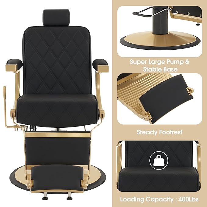 BarberPub Heavy Duty Metal Vintage Barber Chair All Purpose Hydraulic Recline Salon Beauty Spa Shampoo Equipment 3825 (Black with Gold Frame)