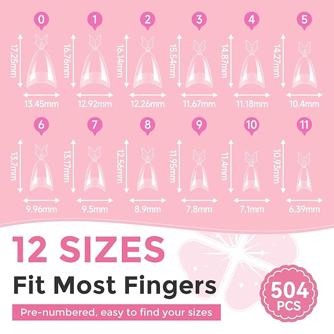 Almond Nail Tips, 504PCS Pre Etched Half Cover Fake Nails Tips, 12 Sizes Medium Almond Shape Clear Soft Natural Acrylic Press On Gel Nail Extensions DIY Salon