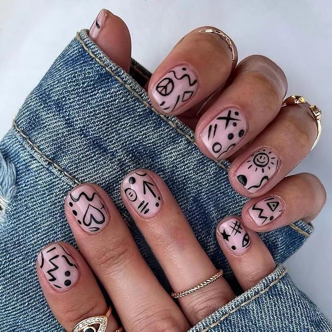 Press on Nails Short Square, Pink Fake Nails Kit with Cartoon doodle Designs, Glossy Acrylic Press on Nails, Thick Reusable Glue on Nails Short Press on Nails for Women, Quirky Ink