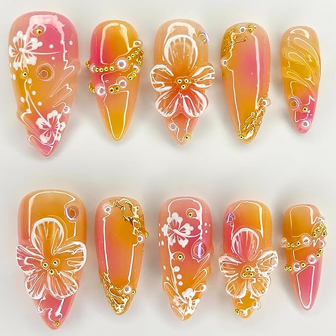 24Pcs Flower Press on Nails Medium Almond Fake Nails with 3D Designs Gold Pearl Rhinestone Glue on Nails Summer False Nails Gradient Orange Red Acrylic Nails Full Cover Stick on Nails for Women